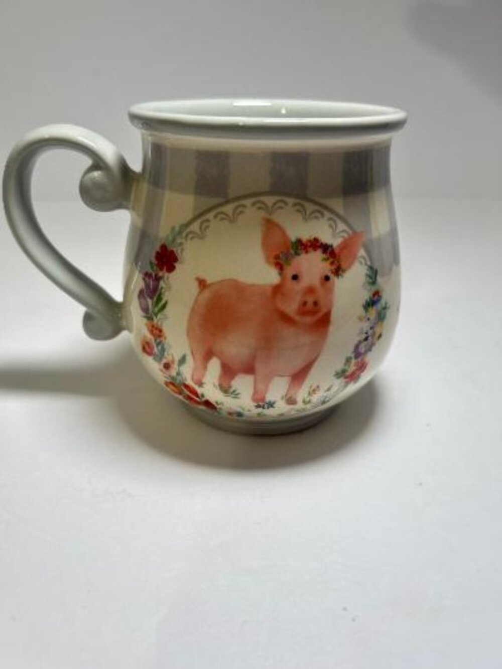 Pioneer Woman Gray Gingham Pot Belly Coffee Cup Mug 15 Oz. Country Farm Pig